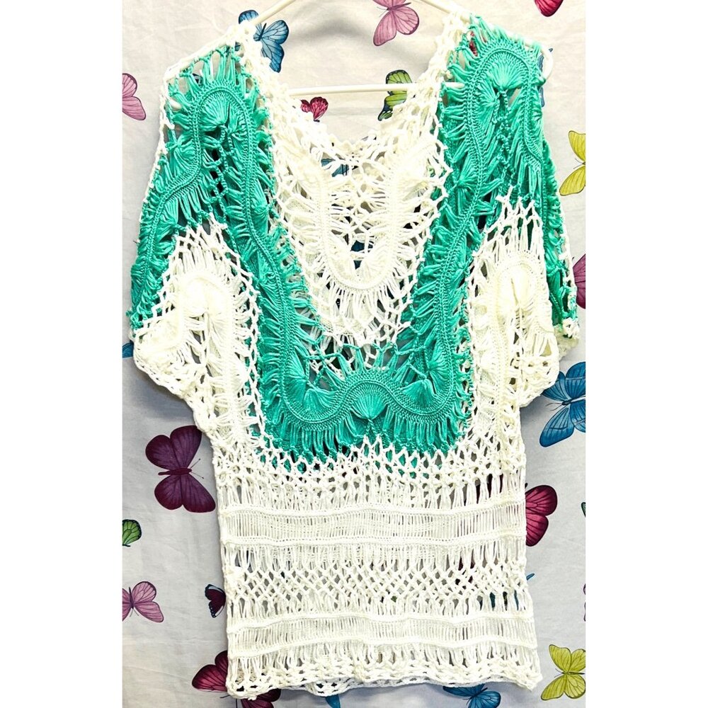 NWT Crochet Lace Top Small/ Medium Spiaggia Dolce White Green Cotton/Acrylic - Picture 2 of 5